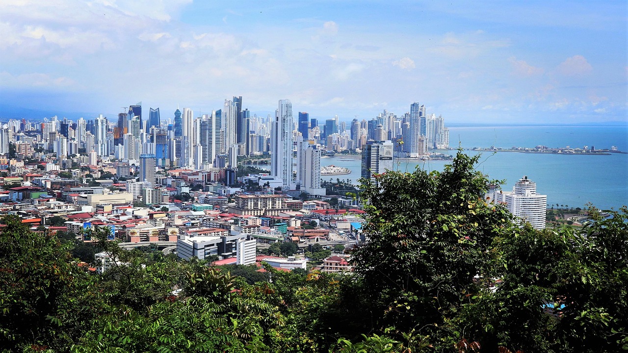 A wide panoramic view of the Panama City skyline with modern skyscrapers along the coast, seen from a high vantage point behind green foliage.