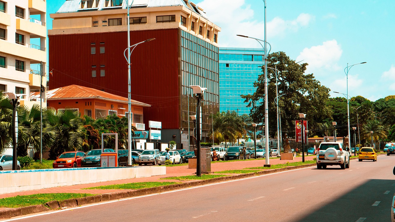 A wide city street in Kinshasa, DRC, lined with modern buildings, palm trees, and parked cars under a bright blue sky.